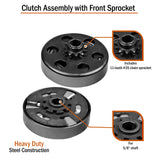 Close-up of the Clutch Assembly with Front Sprocket for Monster Moto / Mega Moto MM-K80 Go-Kart, featuring an 11-tooth #35 chain front sprocket and visible circular metal components.