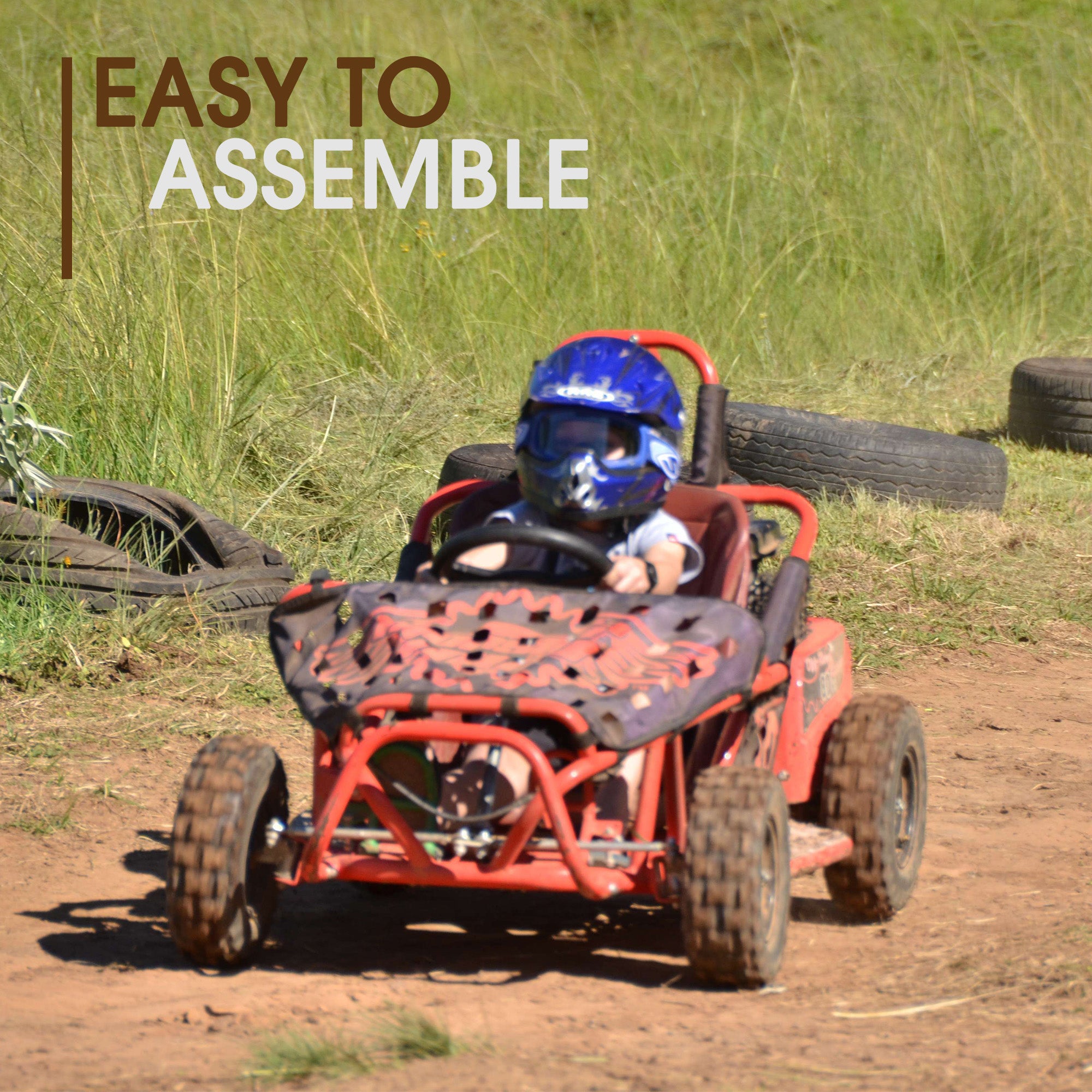 Child driving a go-kart, wearing a helmet and goggles. The image emphasizes the Clutch Assembly with Front Sprocket for 80cc Motovox Go-Karts, crucial for effective power transfer in Motovox go-karts.