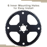 75 Tooth #35 Chain Rear Wheel Sprocket for the Realtree RT100 Mini Bike, featuring six inner mounting holes for easy installation, detailed close-up of the black metal gear with multiple holes.