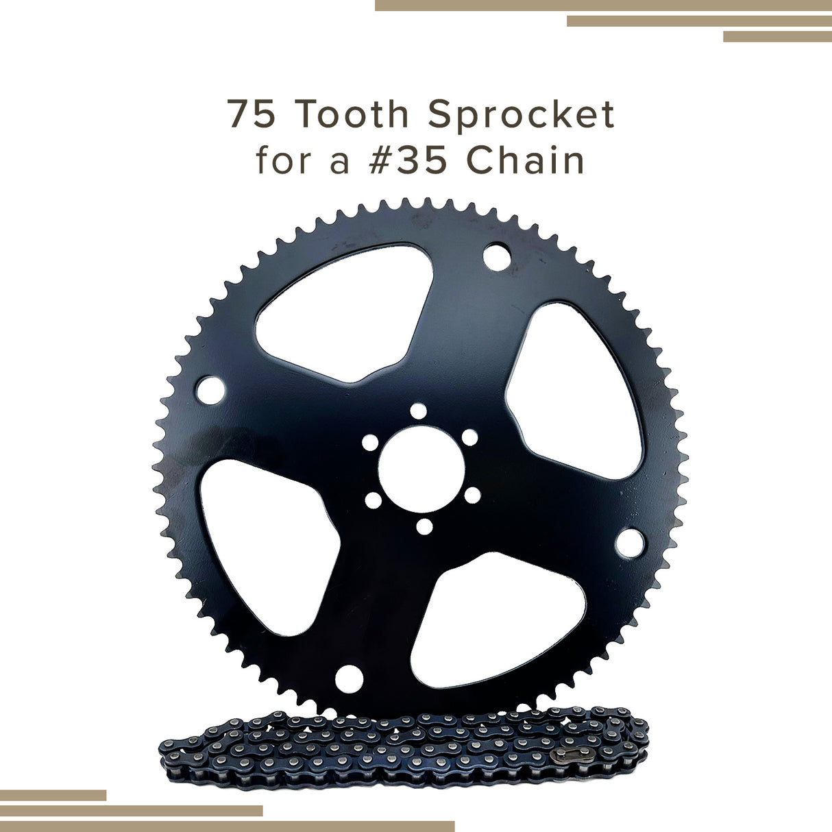 75 Tooth #35 Chain Rear Wheel Sprocket for the Realtree RT100 Mini Bike, featuring a black gear with a chain and six inner mounting holes for easy installation.