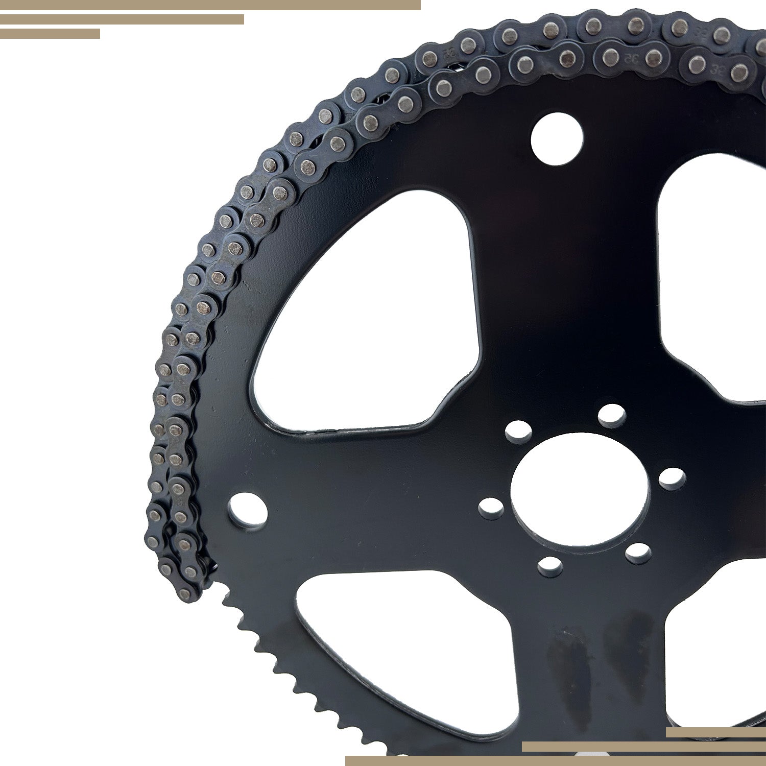 Close-up of the 75 Tooth #35 Chain Rear Wheel Sprocket for the Realtree RT100 Mini Bike, showcasing the sprocket's teeth and six inner mounting holes for easy installation.