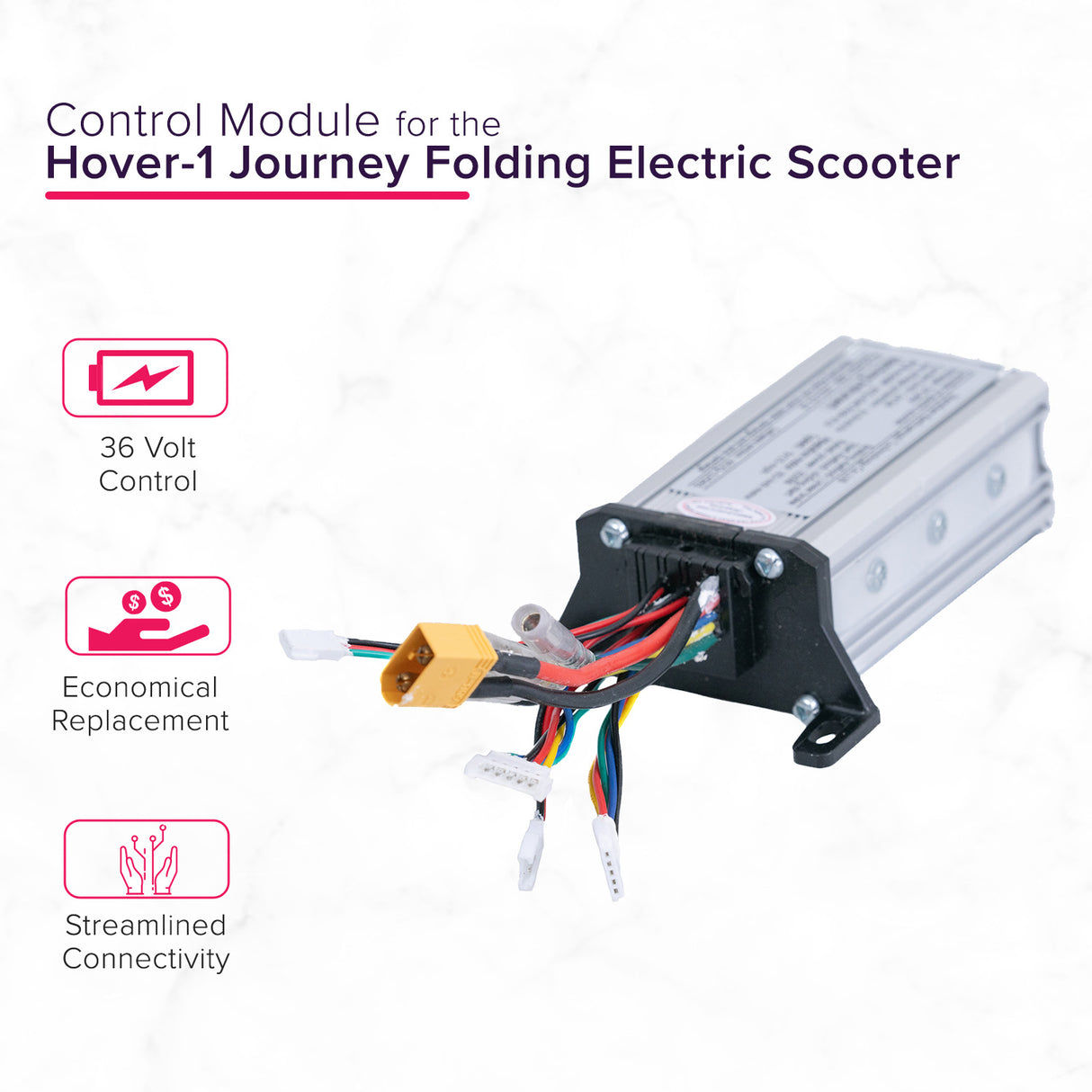 Control Module for the Hover-1 Journey Folding Electric Scooter, showing a white electronic device with several colored wires and connectors, essential for replacing malfunctioning scooter parts.