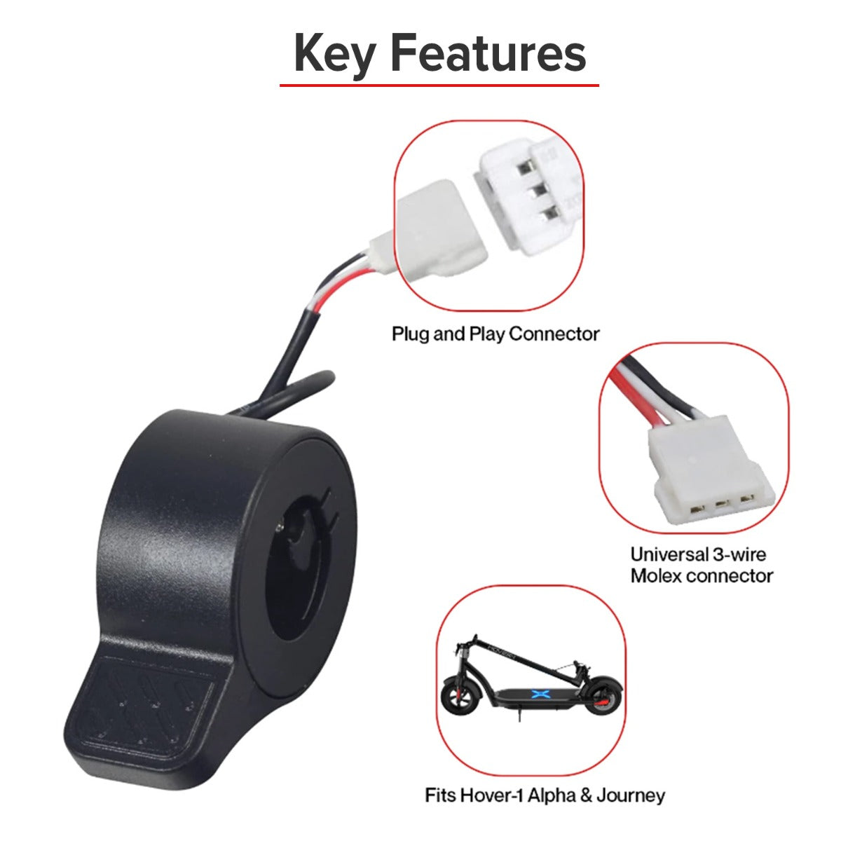 Universal Thumb Throttle for Electric Scooters with visible 3-pin Molex connector and attached wires, designed for standard 7/8 handlebars. Close-up reveals plug and connector details.