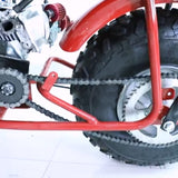 Close-up of a #35 Chain Master Link connecting a motorcycle chain on a wheel, highlighting the metal links and secure fit for precise chain adjustments and repairs.