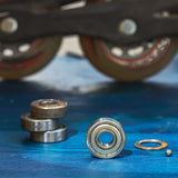 608ZZ (608Z) ABEC-5 Shielded Wheel Bearings for Mobility Scooters and Power Chairs (Set of 2), close-up of metal ball bearings with protective shields, suitable for high-speed rotation and self-lubricated.