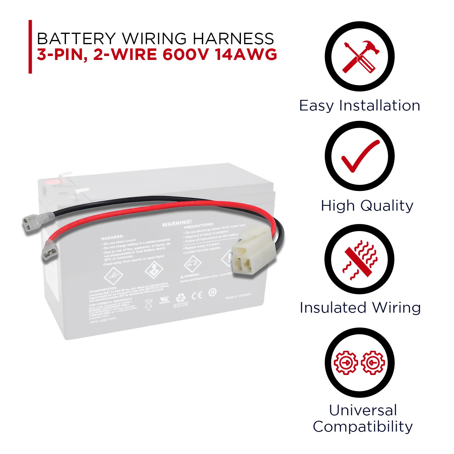 3-Pin, 2-Wire Battery Wiring Harness with Side-by-Side Pins for Razor Scooters, showing connected red and black wires and an empty top pin, alongside relevant symbols and text.