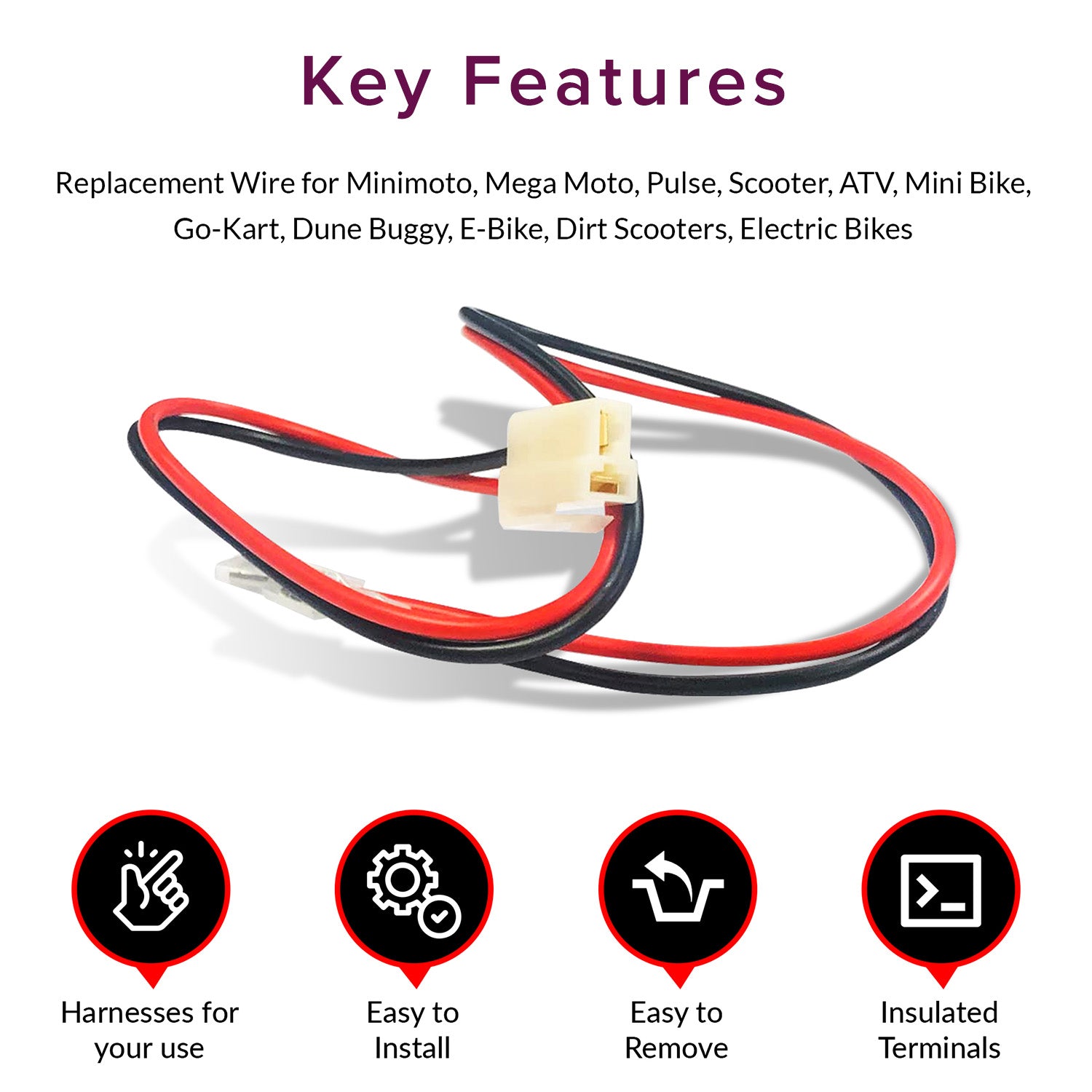 Universal 2 Pin Battery Wiring Harness for Electric Scooters, showing a close-up of the 2-pin plastic connector and spade connectors on 14 gauge AWG wire.