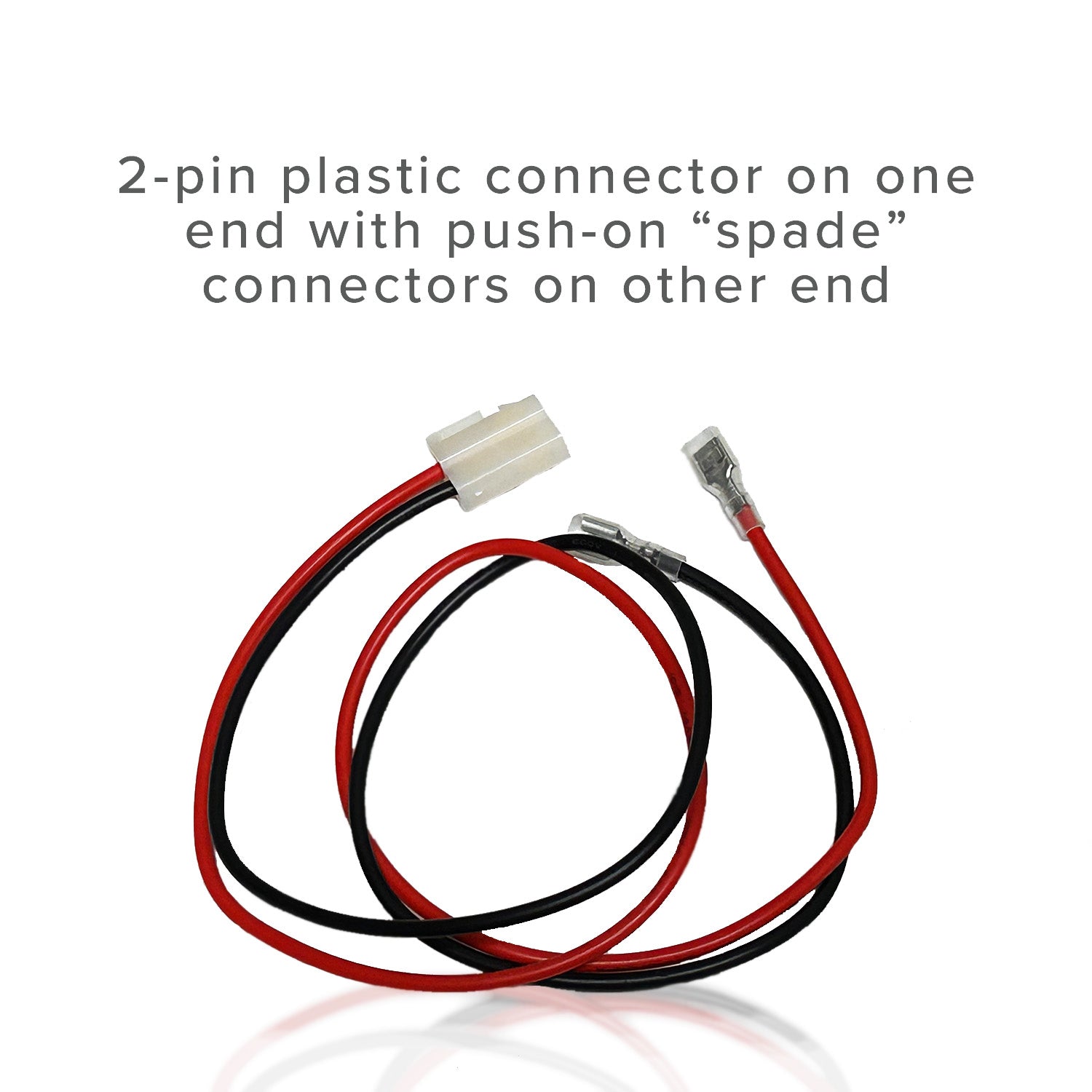 Universal 2 Pin Battery Wiring Harness for Electric Scooters, featuring a close-up of the 2-pin plastic connector and push-on spade connectors attached to 14 gauge AWG wires.