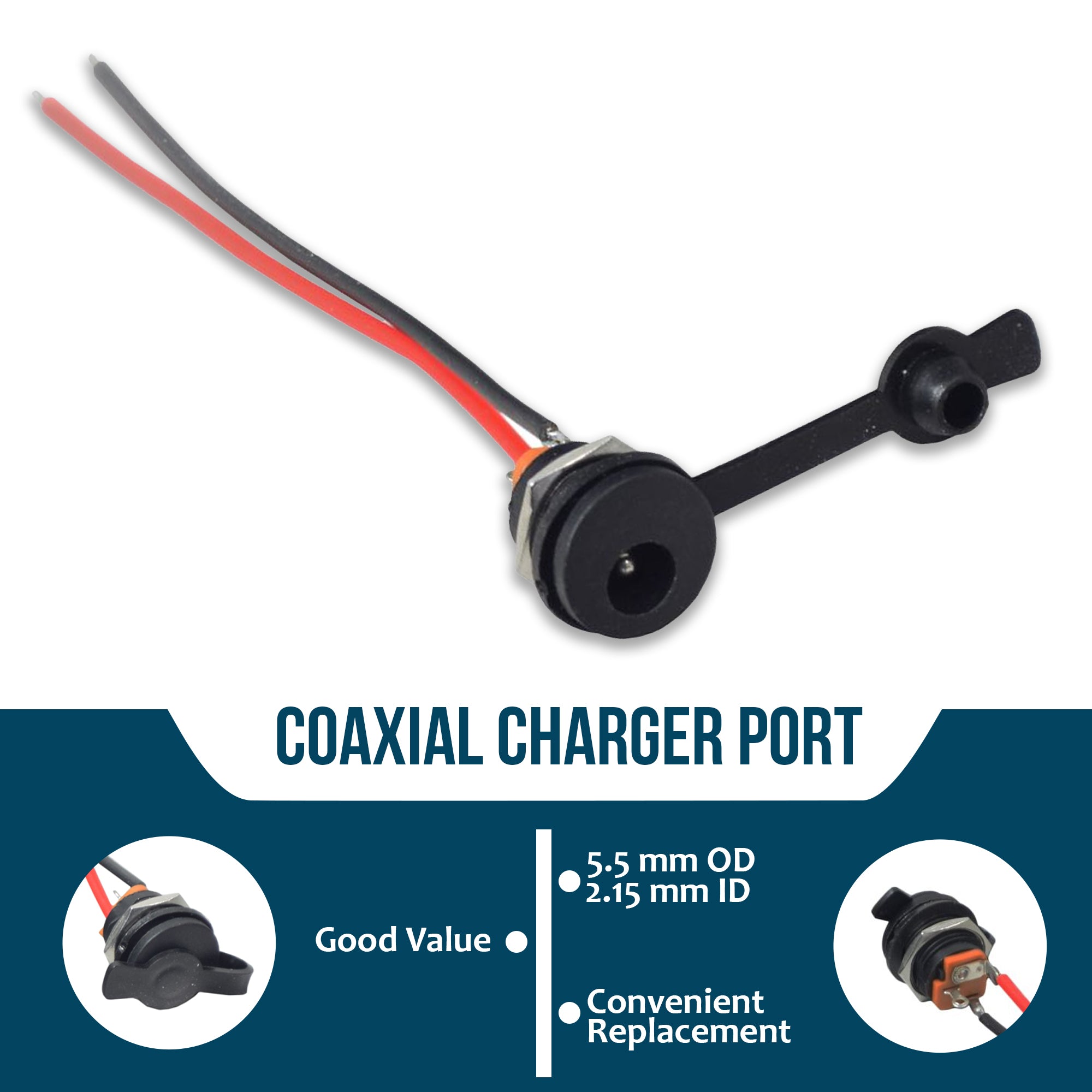 Coaxial Charging Port with Wires & 2.1 mm Inside Diameter for Electric Bikes & Scooters, featuring two exposed wires and a close-up of the 5.5 mm female coaxial aperture with a rubber cover.