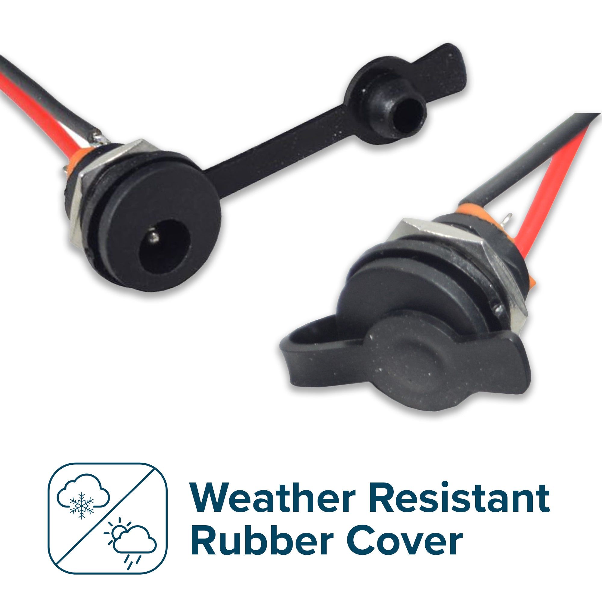 Coaxial Charging Port with Wires & 2.1 mm Inside Diameter for Electric Bikes & Scooters, featuring a weather-proof rubber cover, two 4 wires with bare ends, and a 5.5 mm female coaxial aperture.