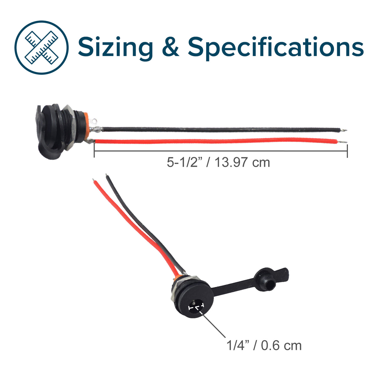 Coaxial Charging Port with Wires & 2.1 mm Inside Diameter for Electric Bikes & Scooters, featuring a black handle, two 4 wires with bare ends, and a 5.5 mm female coaxial aperture.