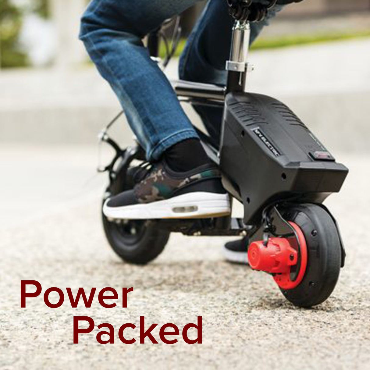 Person riding a Razor E-Punk scooter, showcasing the vehicle's wheels and tires. The image highlights the use of the 12 Volt Battery for the Razor E-Punk.