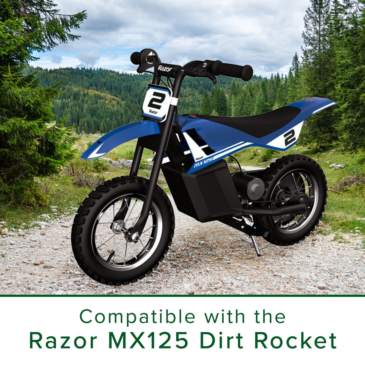 12 Volt 5 Ah Battery for the Razor MX125 Dirt Rocket, shown with a black and blue dirt bike. The image highlights the bike's wheels and handlebars, emphasizing the battery's application.