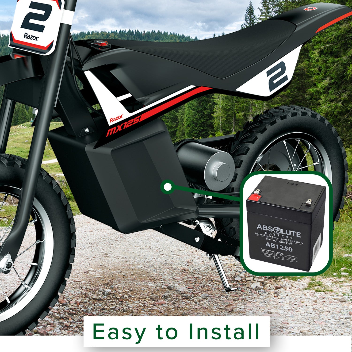 12 Volt 5 Ah Battery for the Razor MX125 Dirt Rocket, shown installed on a black motorcycle. The image highlights the battery's compact design and placement, with a close-up of the tire and suspension.