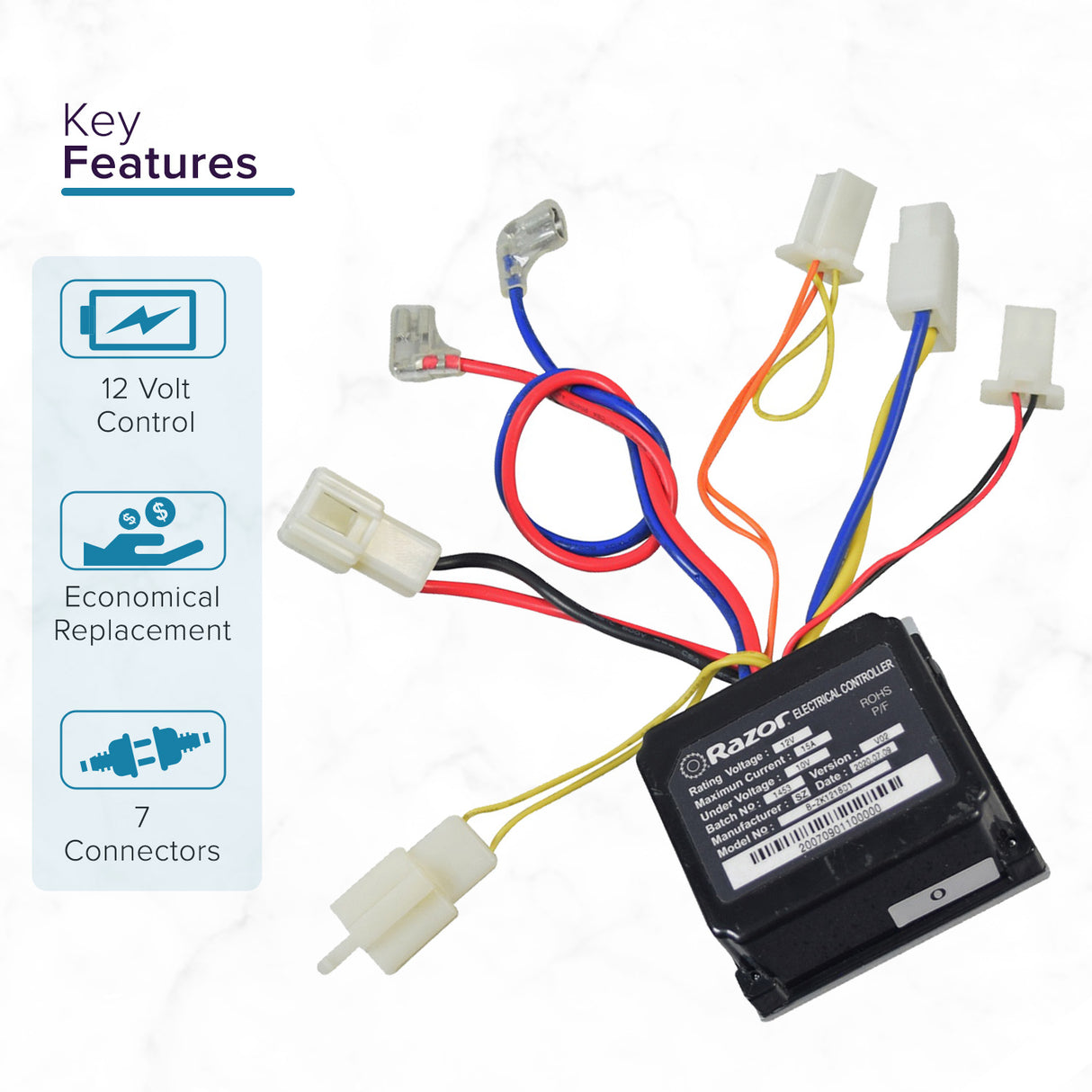 B-ZK1218D1 Control Module for the Razor MX125 Dirt Bike & Pocket Mod Petite Scooter with colorful wires and multiple connectors visible.