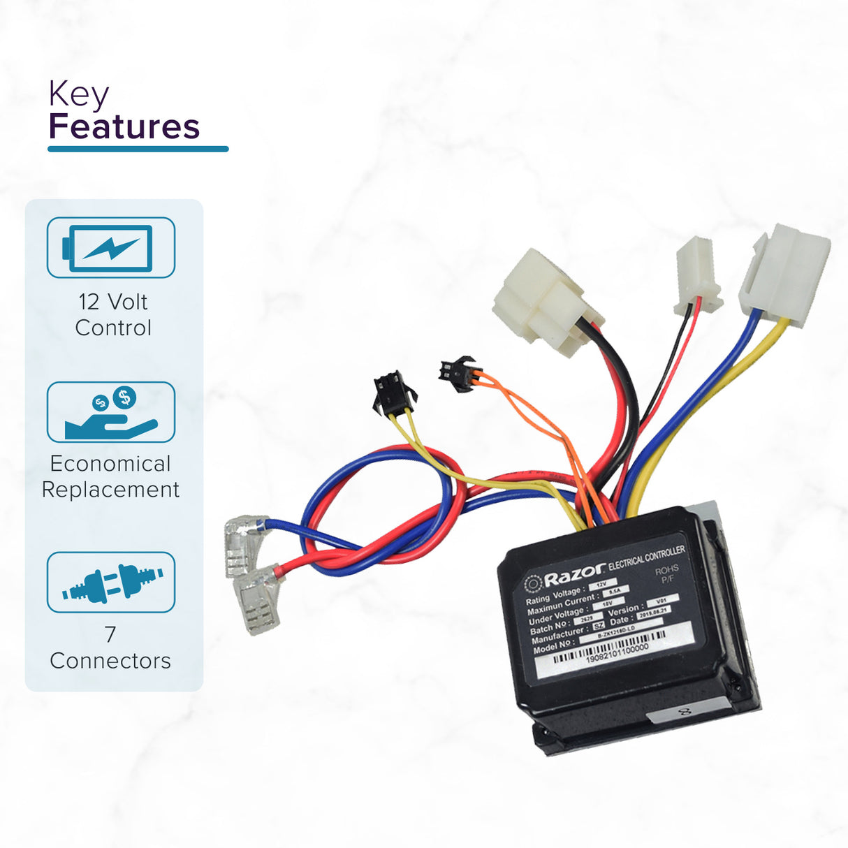 B-ZK1218D-LD Control Module for the Razor E-Punk, showing close-up of the device with various connectors and colorful wires. This replacement module unit features seven connectors for easy installation.