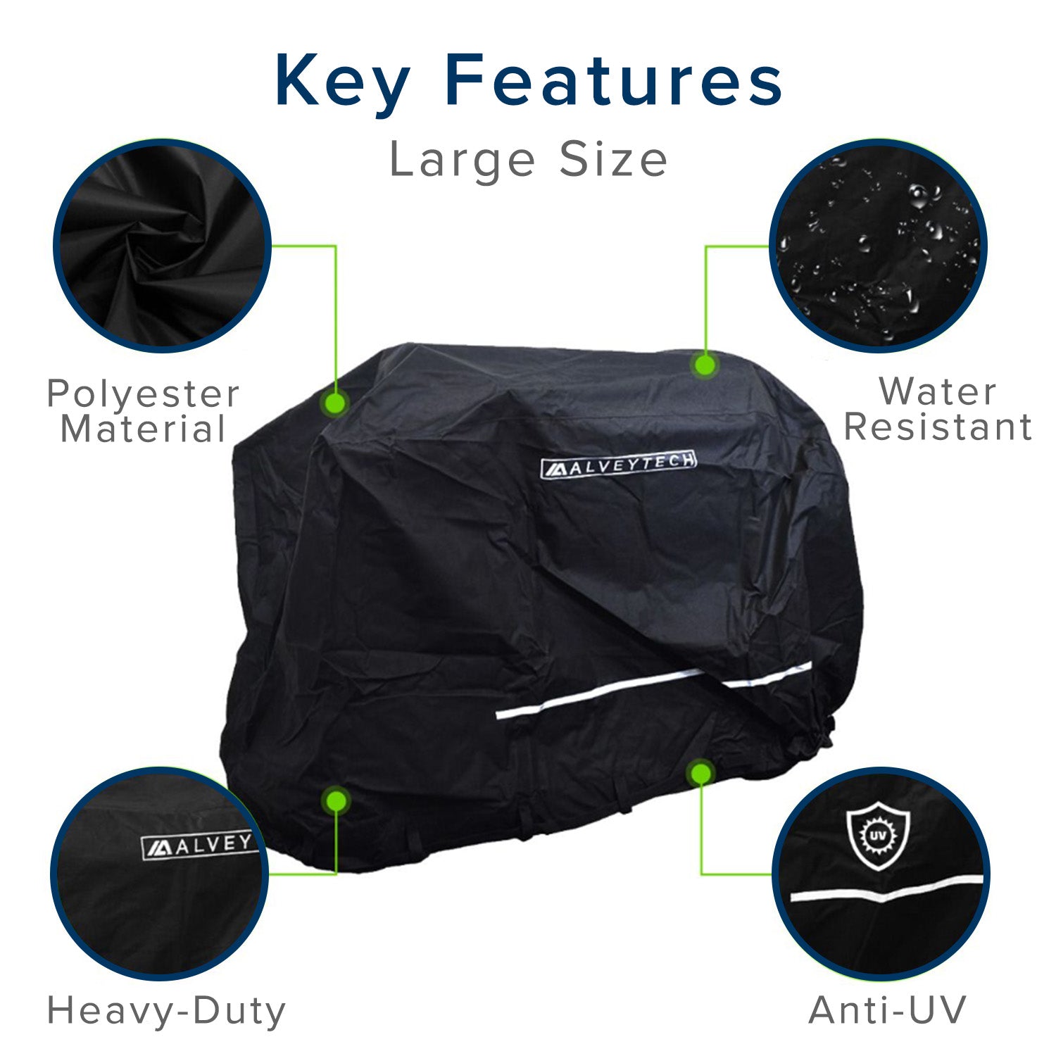 Heavy Duty Weatherproof Cover for Ride-On Toys, featuring a black cover with green labels and a close-up of water droplets on a sturdy 600D polyester fabric with PVC rubber backing.