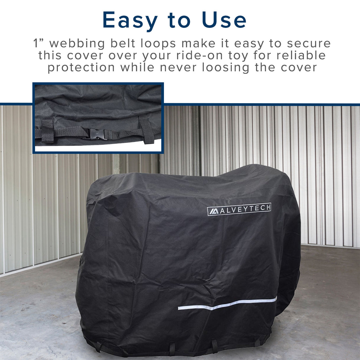 Heavy Duty Weatherproof Cover for Ride-On Toys, showcasing a sturdy black cover with reinforced straps and belt loops, designed to protect and secure ride-on toys from harsh weather conditions.