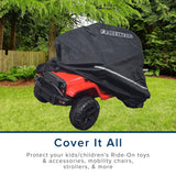 Heavy Duty Weatherproof Cover for Ride-On Toys, shown covering a toy vehicle, made of strong 600D polyester with PVC rubber backing; designed to keep ride-on toys clean and dry.