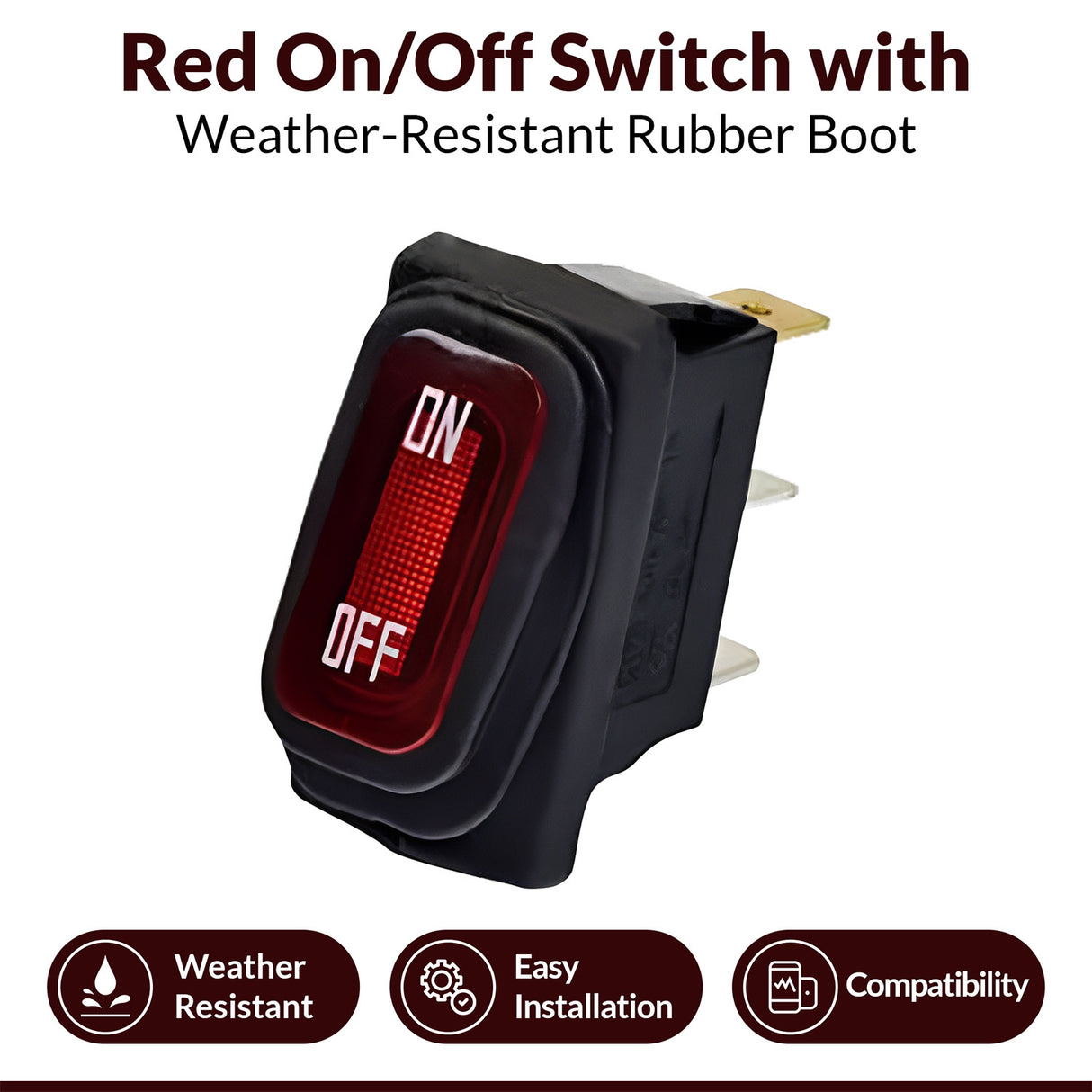 Close-up of a Red On/Off Switch with Weather-Resistant Rubber Boot for Razor Electric Scooters, featuring a visible red light indicator and protective rubber casing.