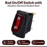 Close-up of a Red On/Off Switch with Weather-Resistant Rubber Boot for Razor Electric Scooters, featuring a visible red light indicator and protective rubber casing.