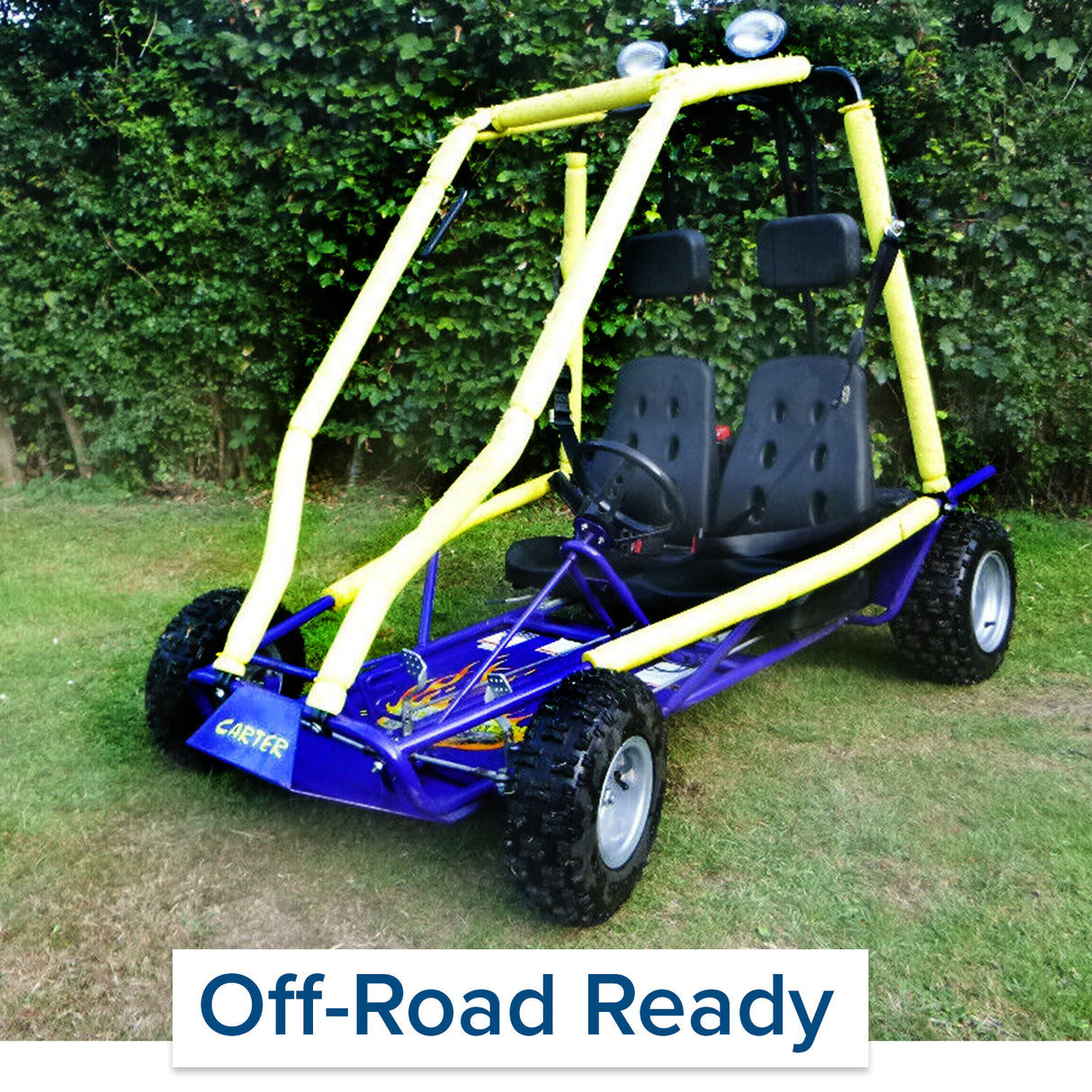 Pull Start 28400-ZH8 for Honda GX120 & GX160 gas engines, attached to a blue and yellow go-kart with a black steering wheel and seat, shown on grass.