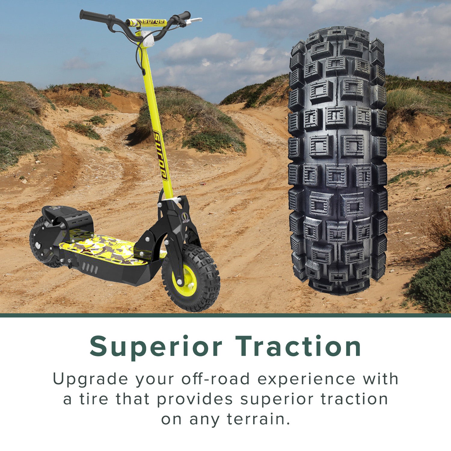 10x3 (3.00-4, 260x85) Scooter, ATV, & Go Kart Tire with Q113 Knobby Tread, shown on a dirt hill, highlighting its robust, off-road capabilities and tread pattern for improved traction.