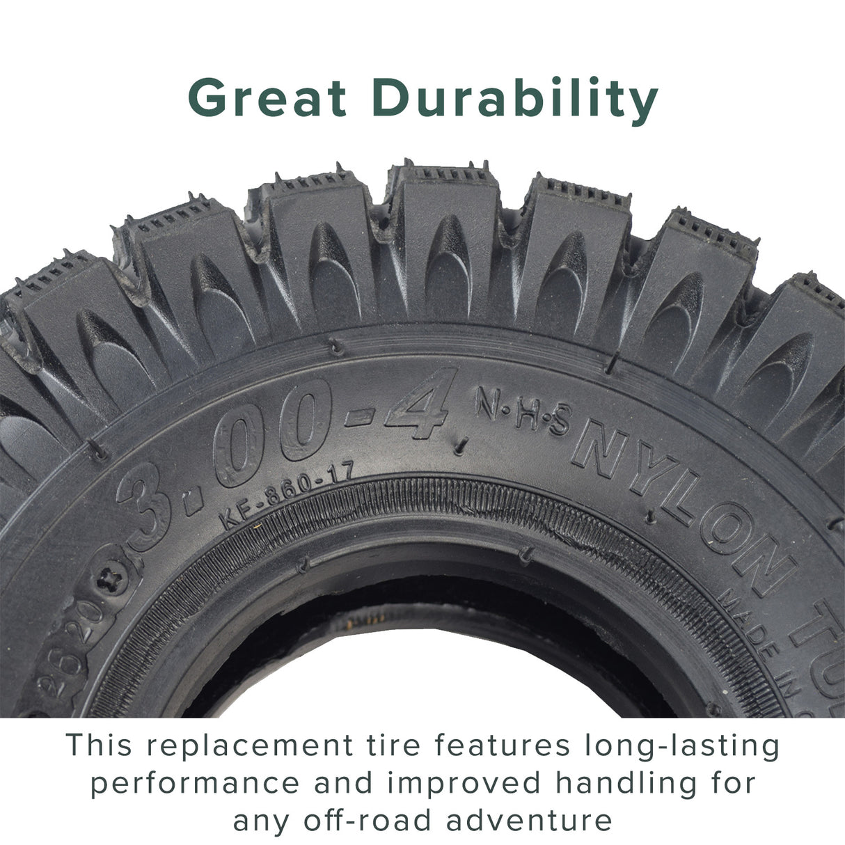 10x3 (3.00-4, 260x85) Scooter, ATV, & Go Kart Tire with Q113 Knobby Tread, featuring close-up details of its rugged tread pattern and sidewall text. Ideal for off-road traction.