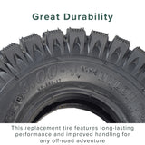 10x3 (3.00-4, 260x85) Scooter, ATV, & Go Kart Tire with Q113 Knobby Tread, featuring close-up details of its rugged tread pattern and sidewall text. Ideal for off-road traction.