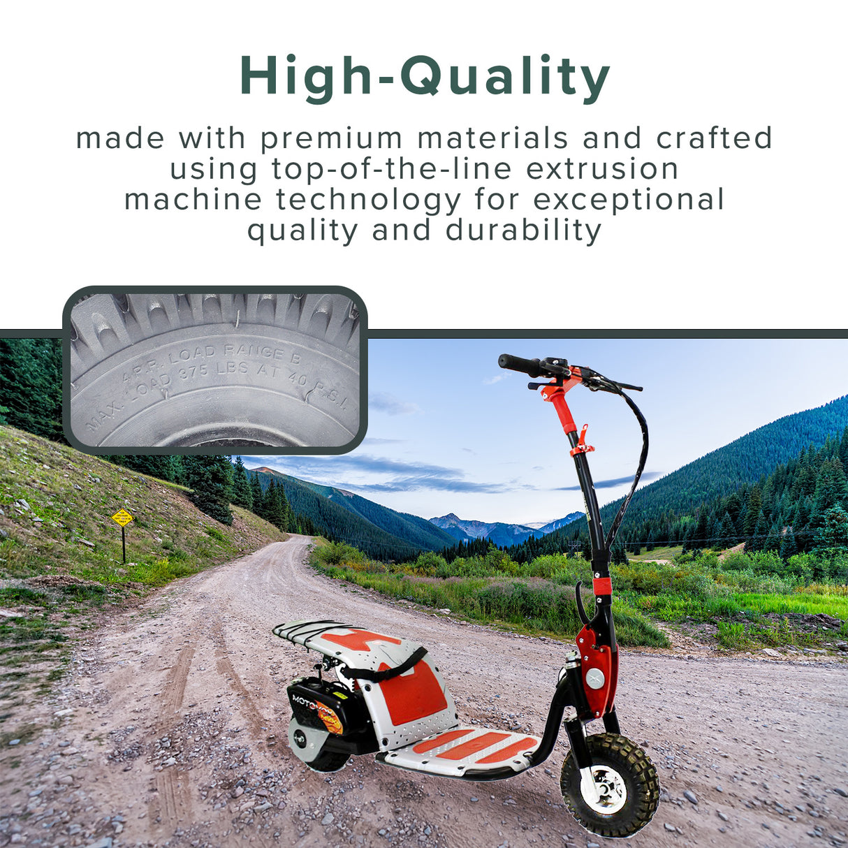 10x3 (3.00-4, 260x85) Scooter, ATV, & Go Kart Tire with Q113 Knobby Tread shown on a dirt road, highlighting its rugged design and superior traction for off-road use.