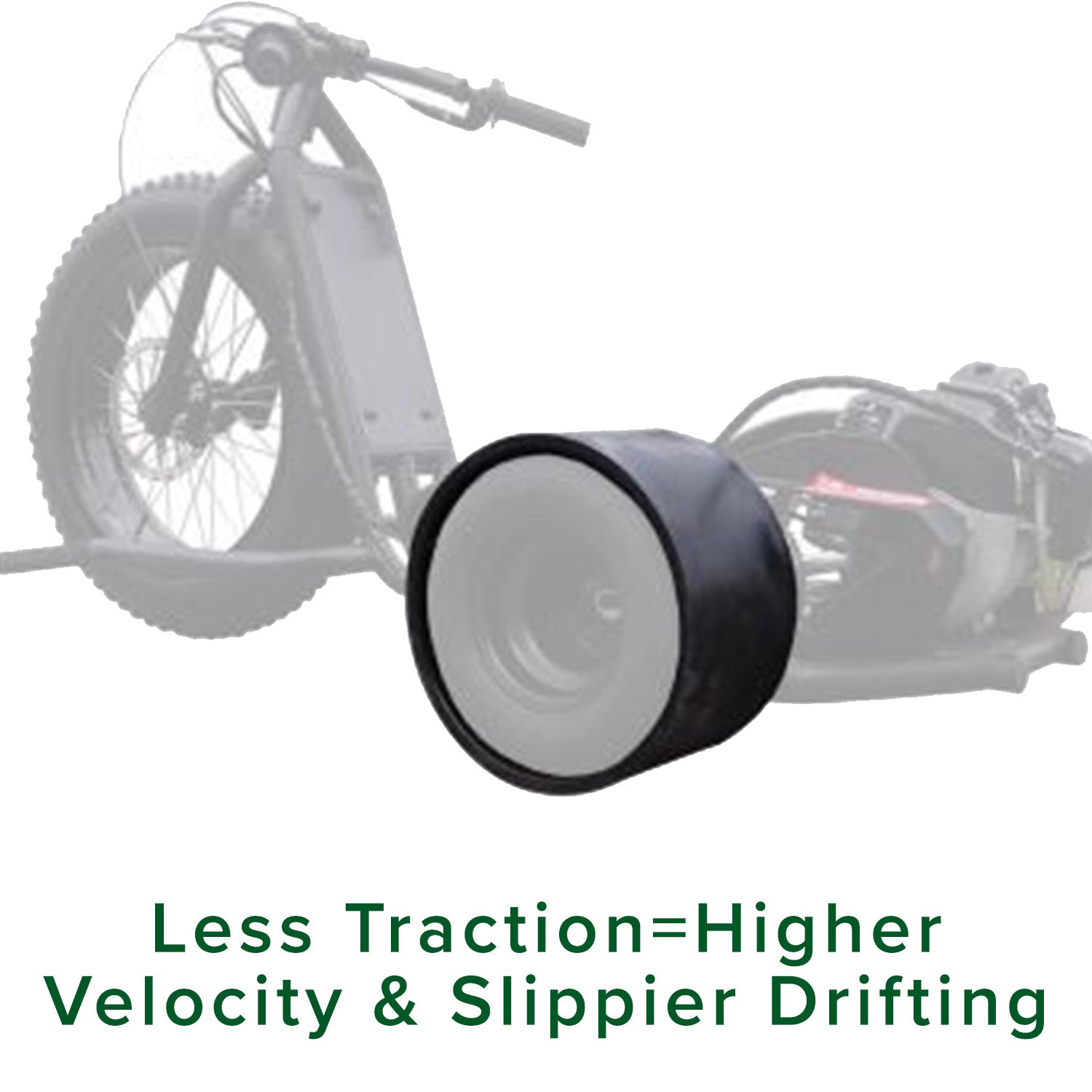 10x4.50-5 PVC Plastic Tire Sleeve for Drift Trikes, shown as a close-up of a tricycle wheel with a hard PVC sleeve designed to enhance drifting by reducing rear tire traction.