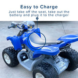 12 Volt Battery Charger for Kids Ride-On Toys with B-Type Connector; features a plastic shrouded double prong connector for a secure fit, compatible with Yamaha 12 Volt Raptor 700R.