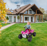 Girl riding a pink quad bike in a yard, showcasing the 12 Volt Battery Charger for Power Wheels Ride-On Toys designed to recharge various Power Wheels battery types.