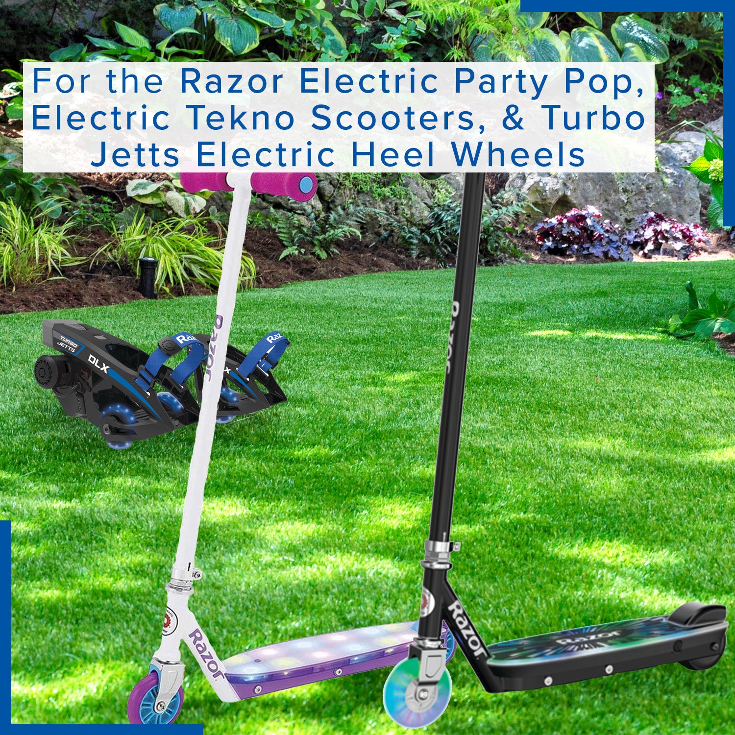 10.95 Volt Coaxial Lithium Battery Charger for Razor Electric Party Pop, Electric Tekno, and Turbo Jetts shown on grass, featuring a multi-color LED indicator and specific coaxial dimensions.