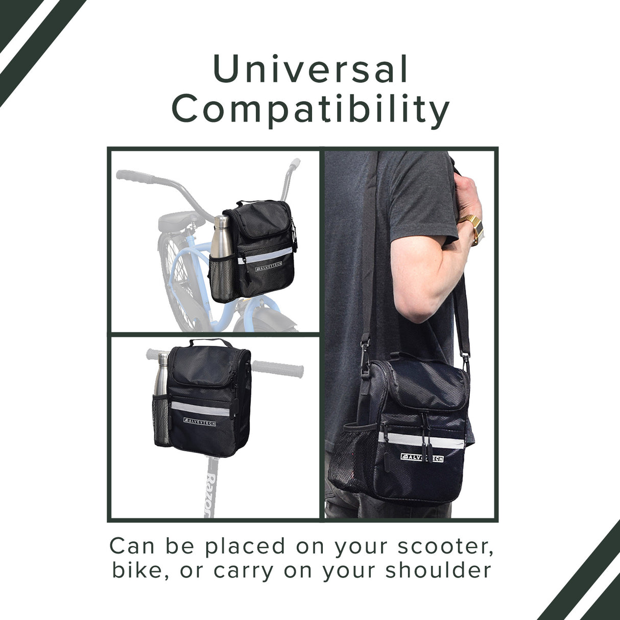 Insulated Handlebar Bag with Rain Cover & Carrying Strap for Bikes & Scooters, shown carried by a man, featuring multiple compartments and a mesh pouch holding a water bottle.