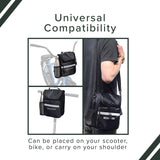 Insulated Handlebar Bag with Rain Cover & Carrying Strap for Bikes & Scooters, shown carried by a man, featuring multiple compartments and a mesh pouch holding a water bottle.