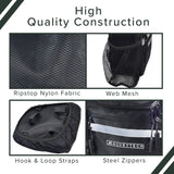 Insulated Handlebar Bag with Rain Cover & Carrying Strap for Bikes & Scooters, featuring multiple zippered compartments, mesh pouch, and reflective safety tape, showcased in a collage of different bag types.