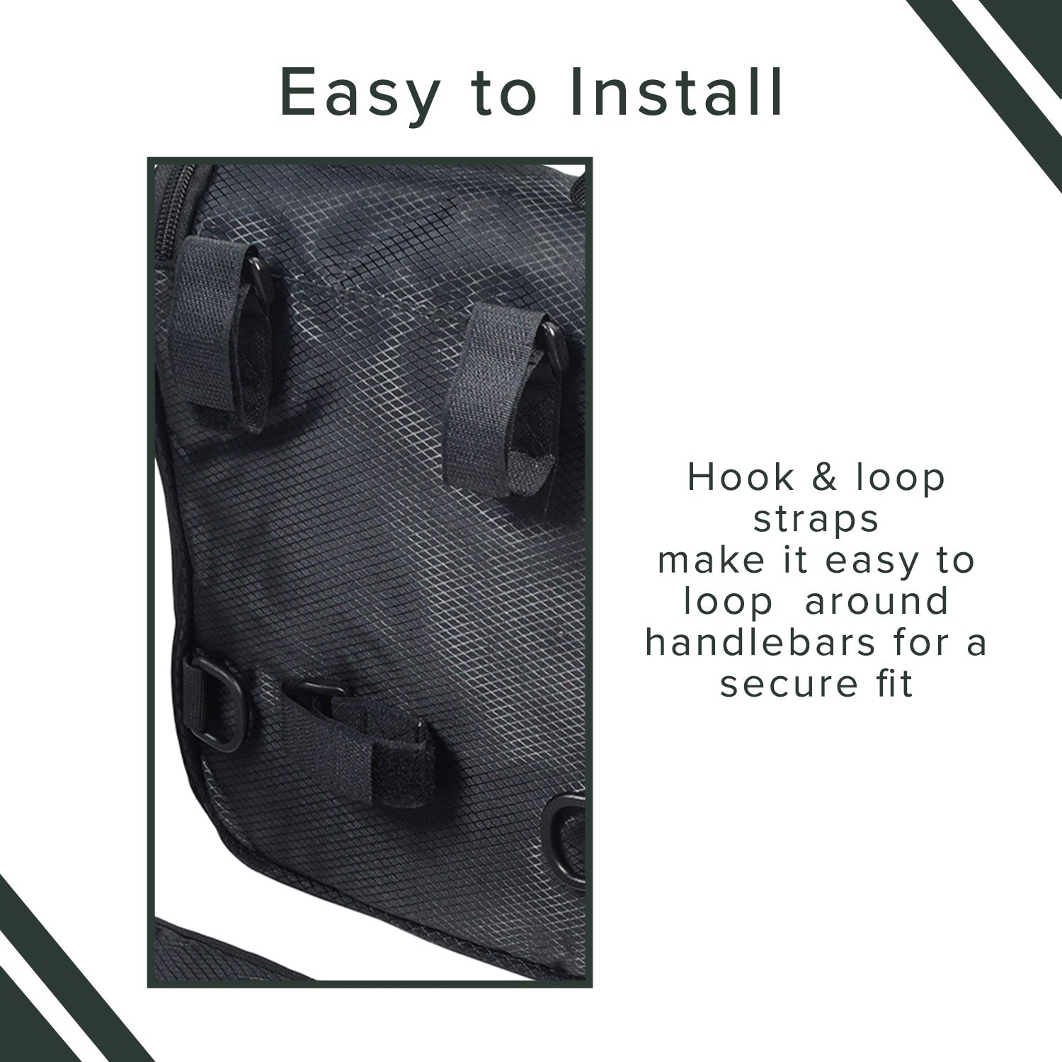 Insulated Handlebar Bag with Rain Cover & Carrying Strap for Bikes & Scooters, featuring a close-up of the black zippered compartments and sturdy nylon material.