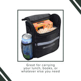 Insulated Handlebar Bag with Rain Cover & Carrying Strap for Bikes & Scooters, shown holding a can of beverage, snacks, and a water bottle in its various compartments.