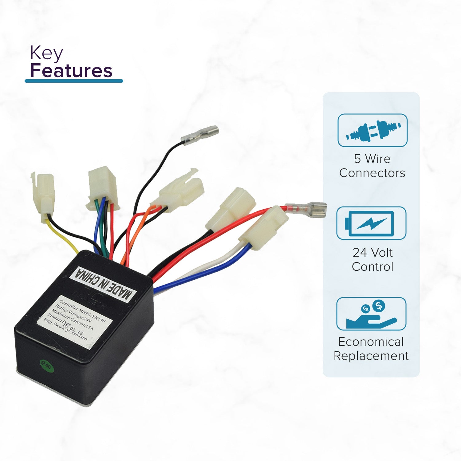 24 Volt YK19F Controller for the Pulse EM-1000 Electric Dirt Bike & Street Cruiser E-Motorcycle, featuring a black box with colorful wires and connectors for easy plug-and-play installation.