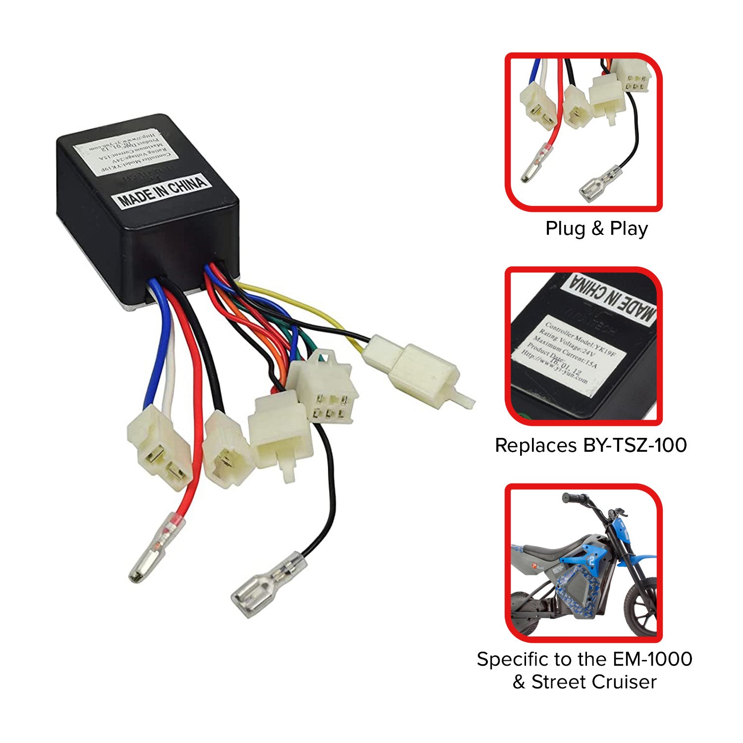 24 Volt YK19F Controller for the Pulse EM-1000 Electric Dirt Bike & Street Cruiser E-Motorcycle, featuring a black box with several wires and connectors for easy plug-and-play installation.