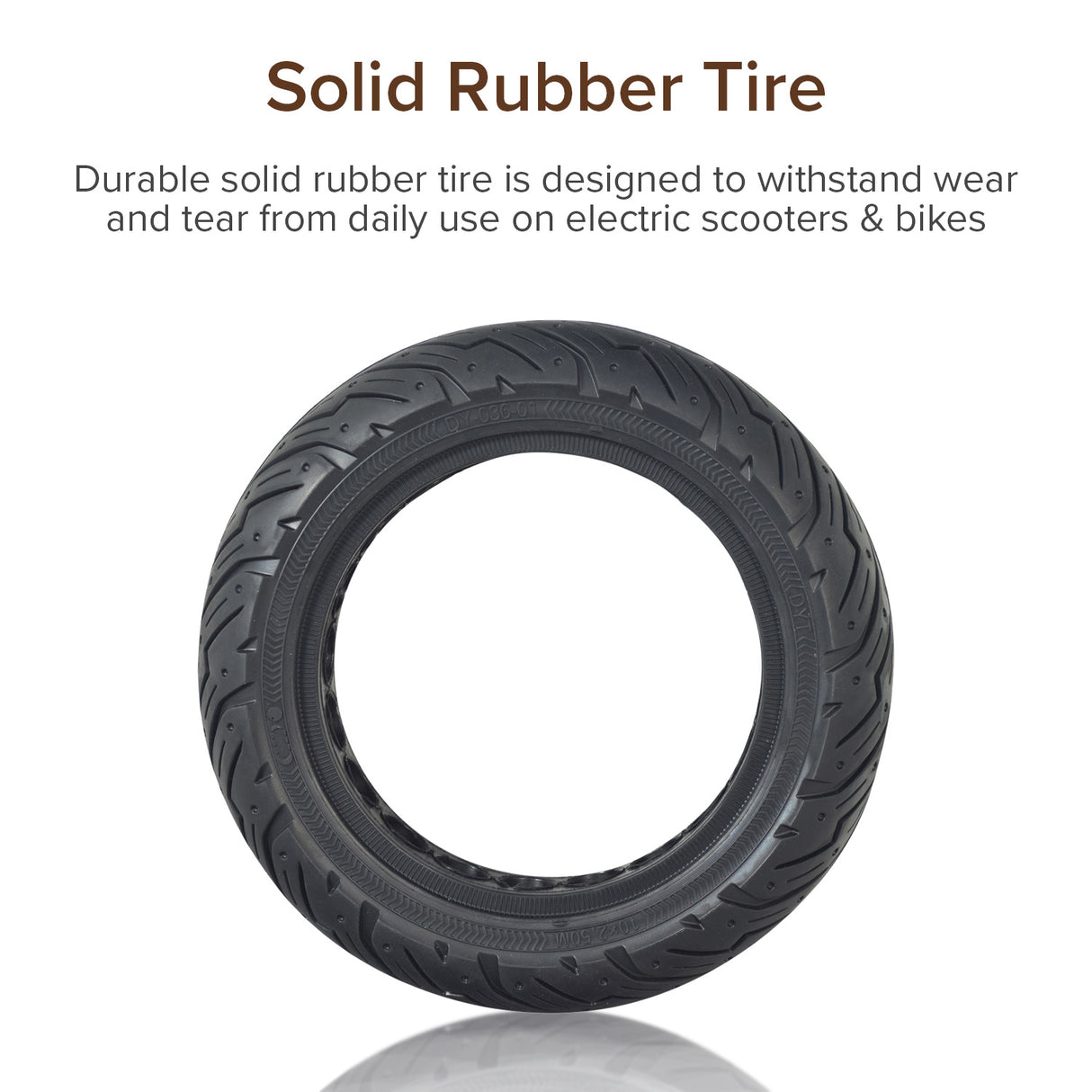 Solid 10x2.50 Tire with DY-036-01 Tread for the Ninebot Max G30 Scooter shown with detailed tread pattern and sidewall text, highlighting its puncture-proof, durable design.