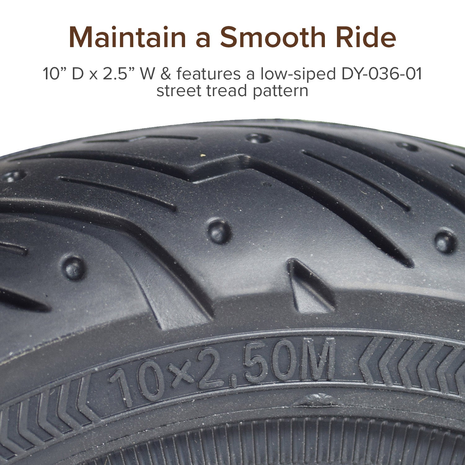 Close-up of the Solid 10x2.50 Tire with DY-036-01 Tread for the Ninebot Max G30 Scooter, showing the detailed tread pattern and puncture-proof solid rubber construction.