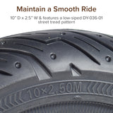 Close-up of the Solid 10x2.50 Tire with DY-036-01 Tread for the Ninebot Max G30 Scooter, showing the detailed tread pattern and puncture-proof solid rubber construction.