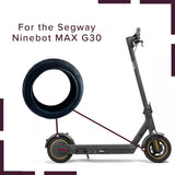 Tubeless Tire for the Ninebot MAX G30 Scooter, shown attached to the scooter, features a one-direction P6217 tread pattern. This pneumatic tire offers natural shock absorption, eliminating the need for an inner tube.