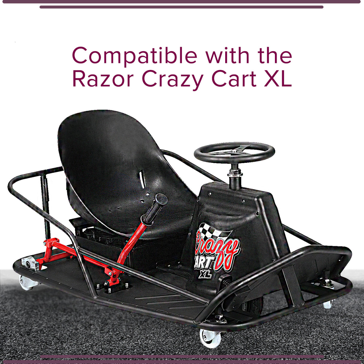 Front/Rear Caster Fork for the Razor Crazy Cart XL (Versions 1+), featuring a pivoting mechanism. The image highlights the black and red go-kart's steering wheel, seat, close-up logos, and wheel details.