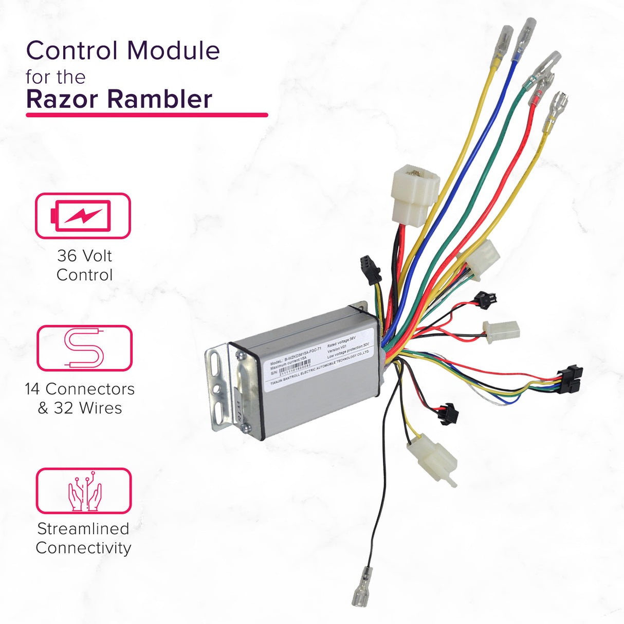 Control Module for the Razor Rambler 16 Electric Mini Bike (Version 1+), showing an electrical device with attached wires, close-up of connectors, and a logo of hands holding a circuit.