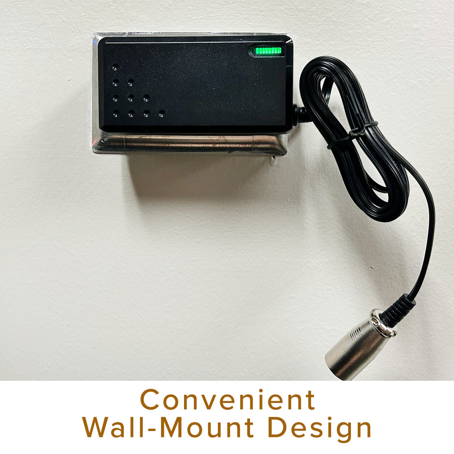 36 Volt 1.0 Amp XLR Wall-Mount Battery Charger for Razor scooters, featuring a compact black rectangular design with a green indicator light and attached black wire, enhancing safety and convenience.