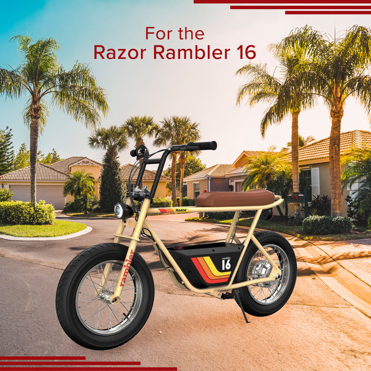 36 Volt Battery Pack for the Razor Rambler 16, shown on a parked motorcycle, featuring three new 12 Volt 7 Ah batteries with wiring harness for enhanced performance and reliability.