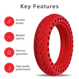 8.5 x 2 Solid Honeycomb Tire for the Xiaomi Mi M365 Electric Scooter, featuring open holes for shock absorption and flat-free performance, shown in a close-up with text and icons.